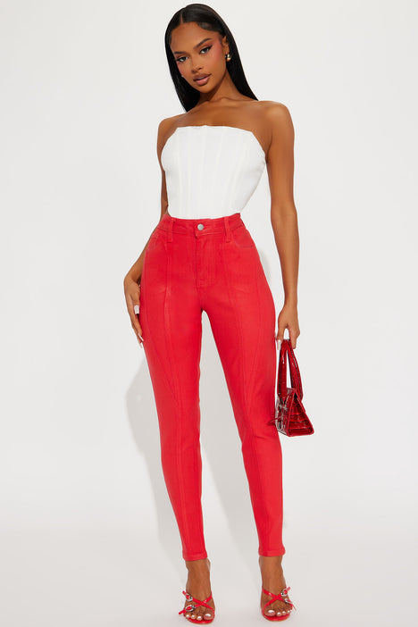 Coated red jeans shop