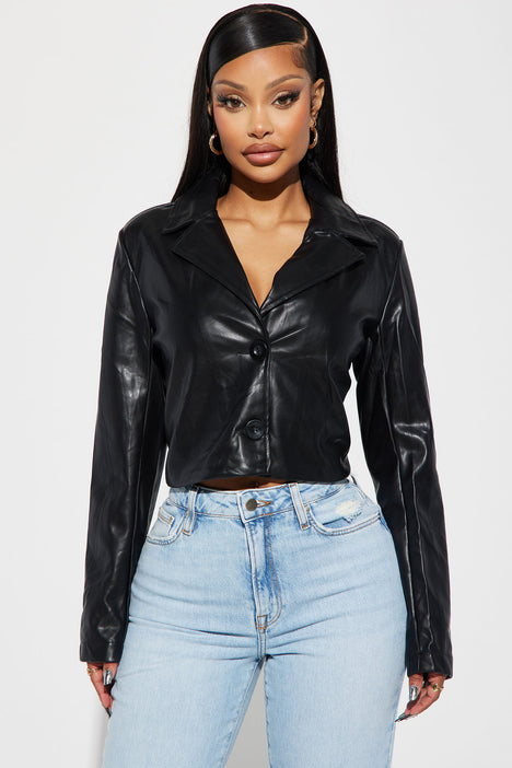 Janece Faux Leather Blazer - Black