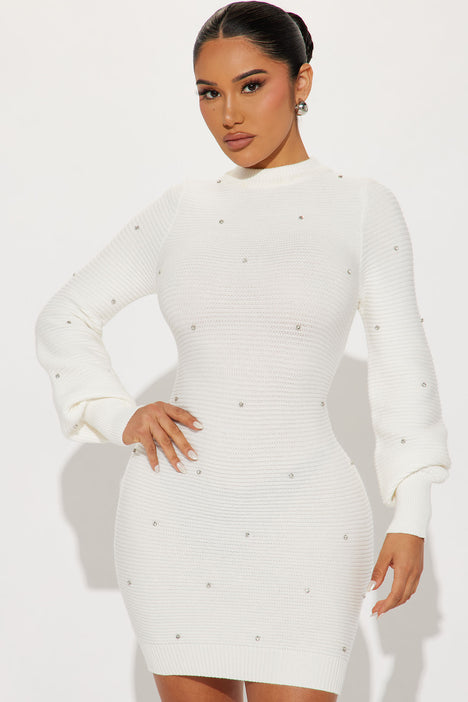 Devan Embellished Sweater Mini Dress White