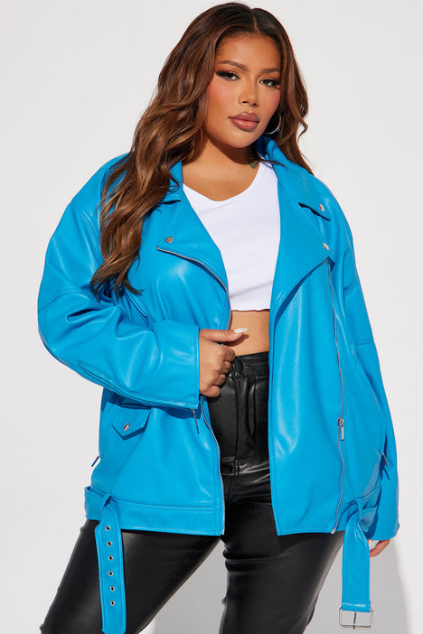Blue faux leather best sale jacket womens
