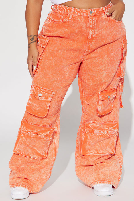 Lily High Rise Acid Wash Cargo Jeans - Orange