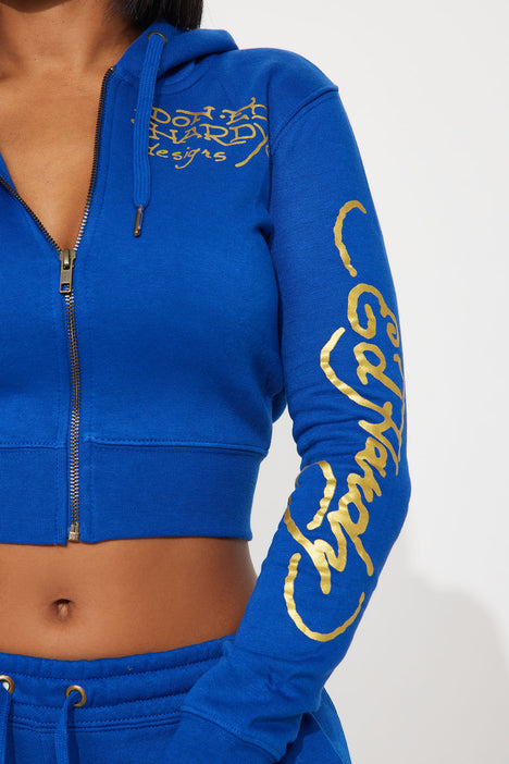 Tiger Lotus Ed Hardy Zip Front Hoodie CobaltBlue