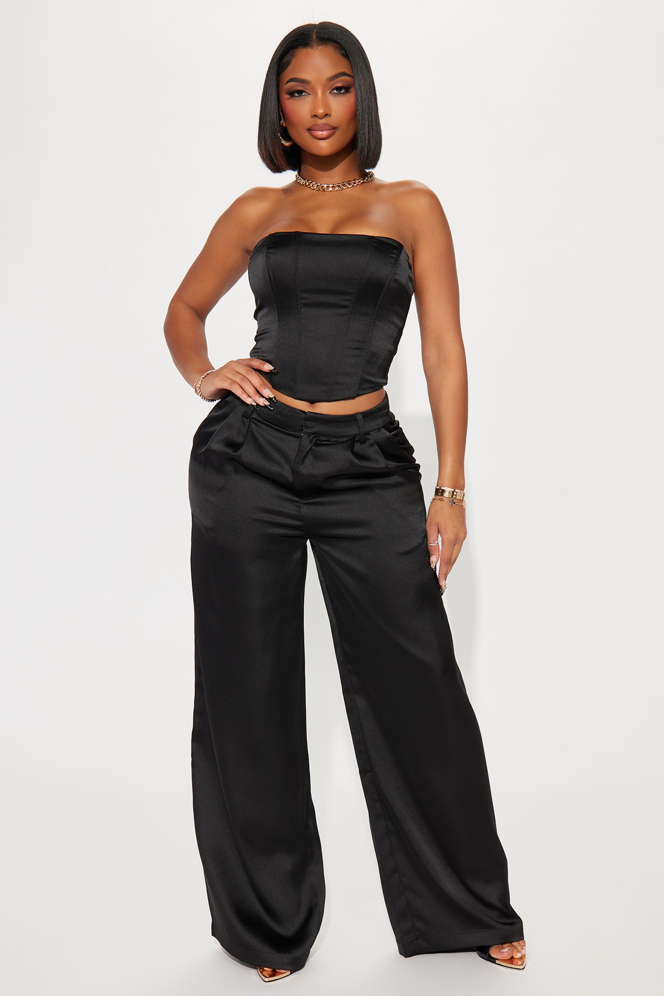 Adriana Satin Pant Set - Black, Fashion Nova, Matching Sets