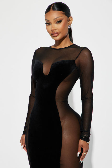 Plus Size Cut Out Mesh Cut Out Long Sleeve Velvet High Neck, No Peaking Maxi Dress in Black, Size 1X, for Holiday Party or Nye | Fashion Nova