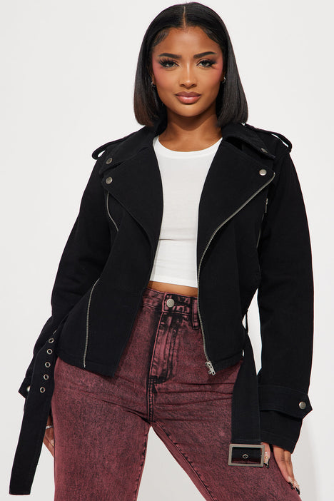 Black denim sale biker jacket womens