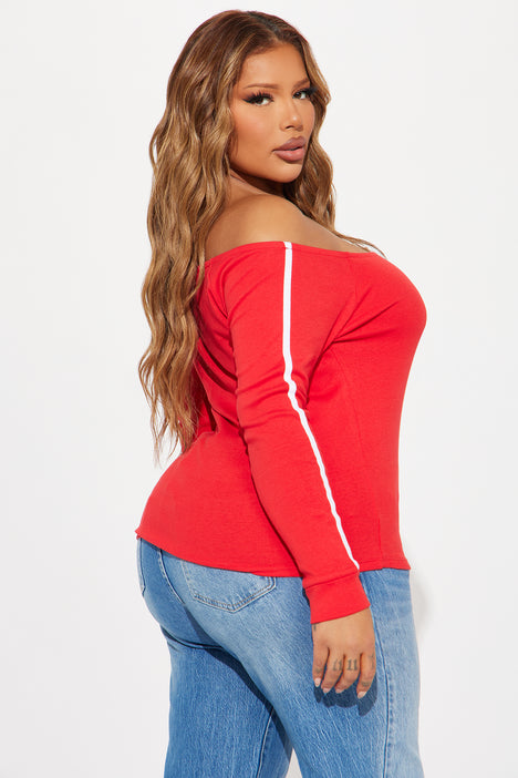 Athletic Off Shoulder Graphic Top Red Fashion Nova Screens Tops and Bottoms Fashion Nova