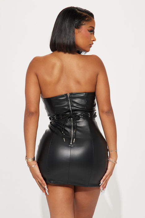 Black leather top lace up dress