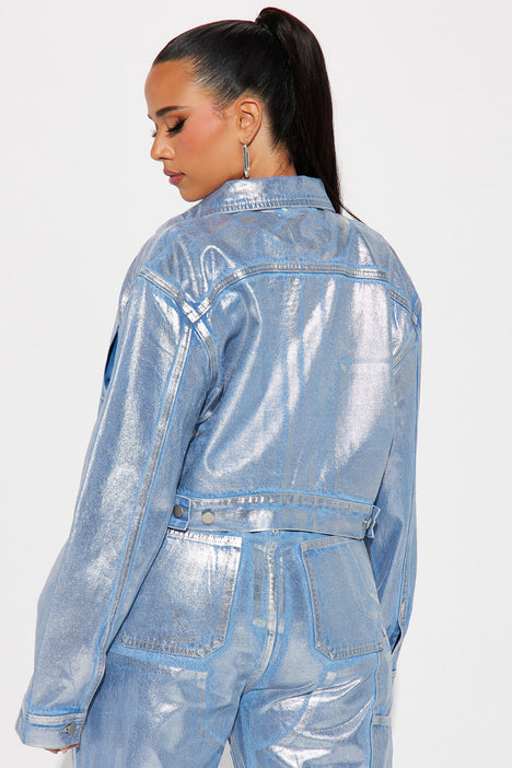 Big Time Magic Metallic Coated Denim Jacket Light Wash Fashion