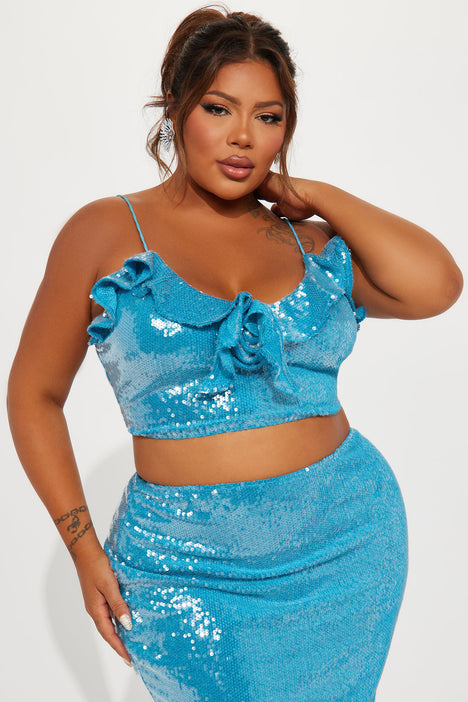 Got A Crush Velvet Sequin Skirt Set Aqua Fashion Nova