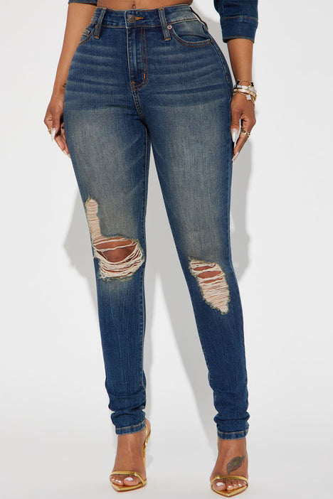 Kelly Ripped Tinted Stretch Skinny Jeans - Dark Denim, Fashion Nova, Jeans
