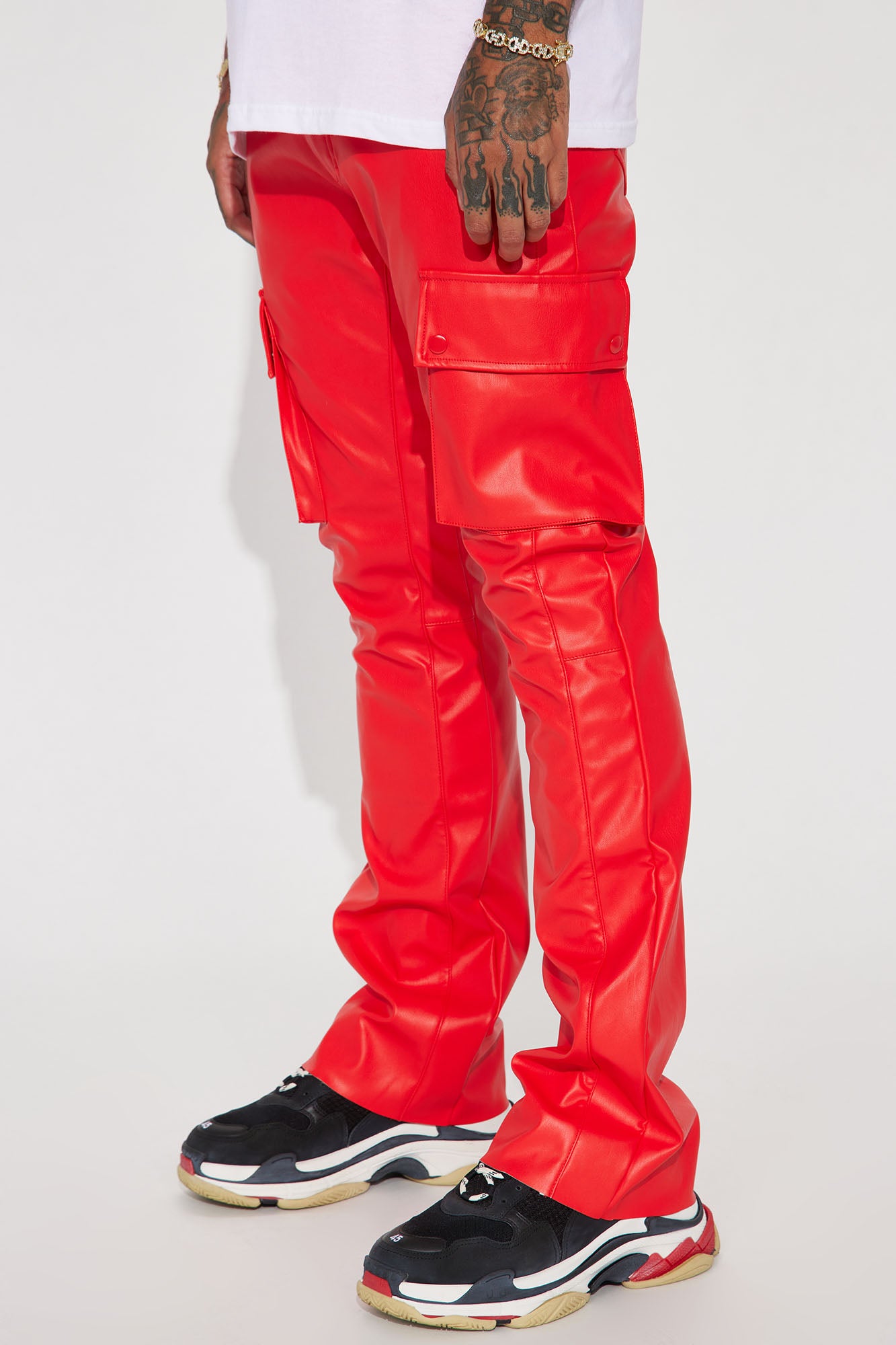 Finest Faux Leather Cargo Flare Pants - Red