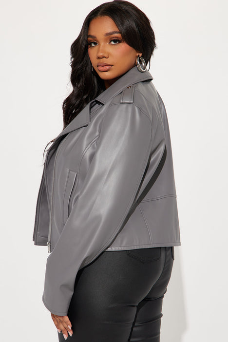 Grey leather jacket top plus size
