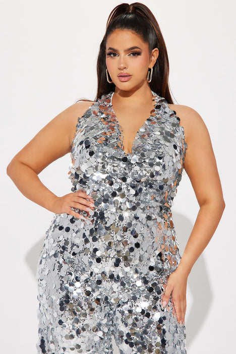 Silver sequin store jumpsuit plus size
