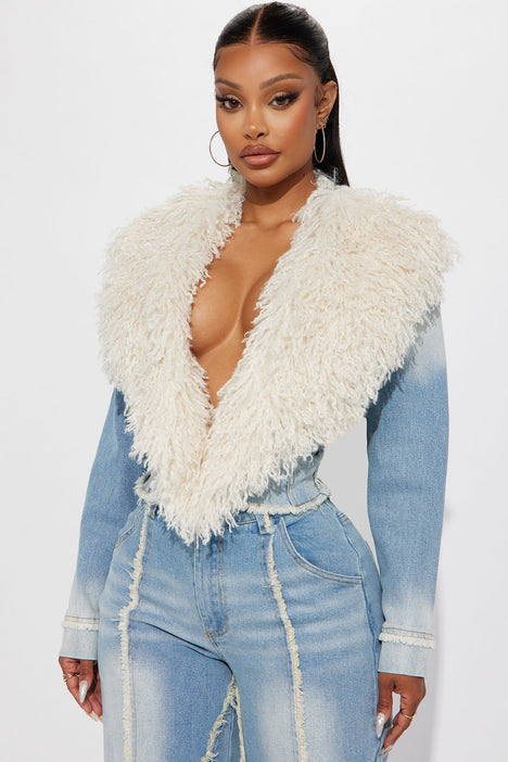 In A Mood Faux Fur Denim Jacket Medium Wash Fashion Nova