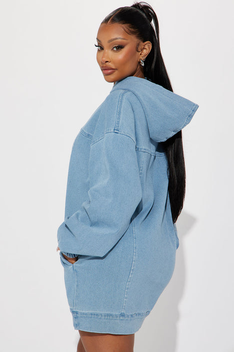 Hooded denim pullover dress clearance
