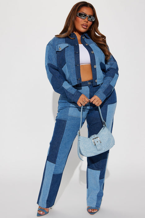 Hey Girl Patchwork Denim Jacket Blue Wash