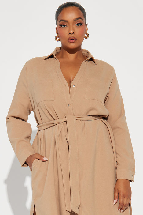 Tan button shop down dress