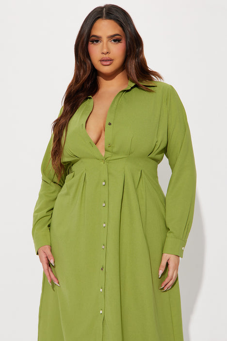 Ophelia Button Down Midi Shirt Dress Green