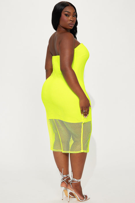 Lovers Fishnet Strapless Mini Dress Neon Yellow