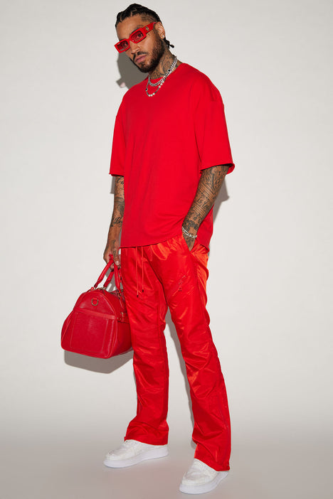 Play The Track Stacked Slim Flare Nylon Pants - Red