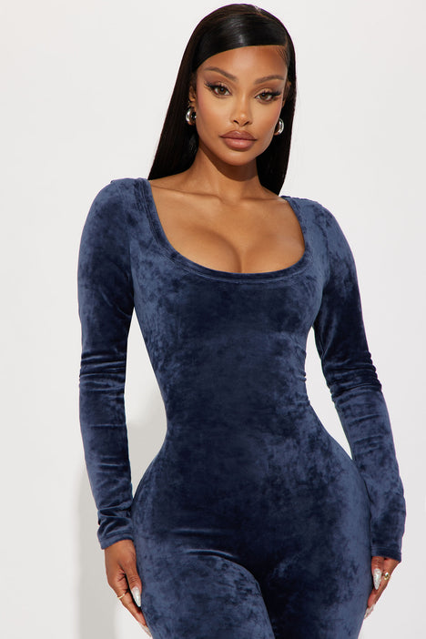 On The Weekend Velour Jumpsuit Navy Fashion Nova Jumpsuits