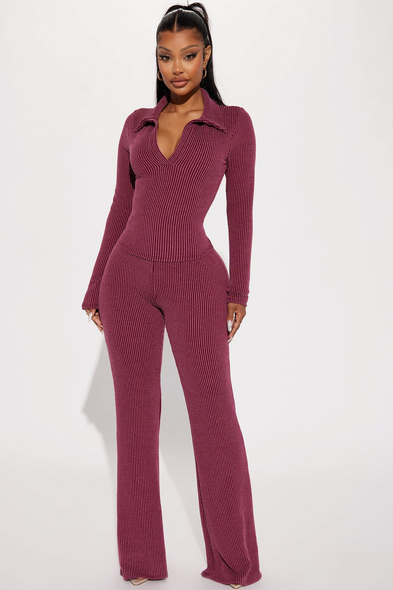 Josie Ribbed Long Sleeve Set - Burgundy, Fashion Nova, Matching Sets