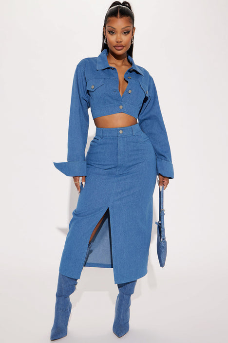 Denim midi skirt fashion nova hot sale