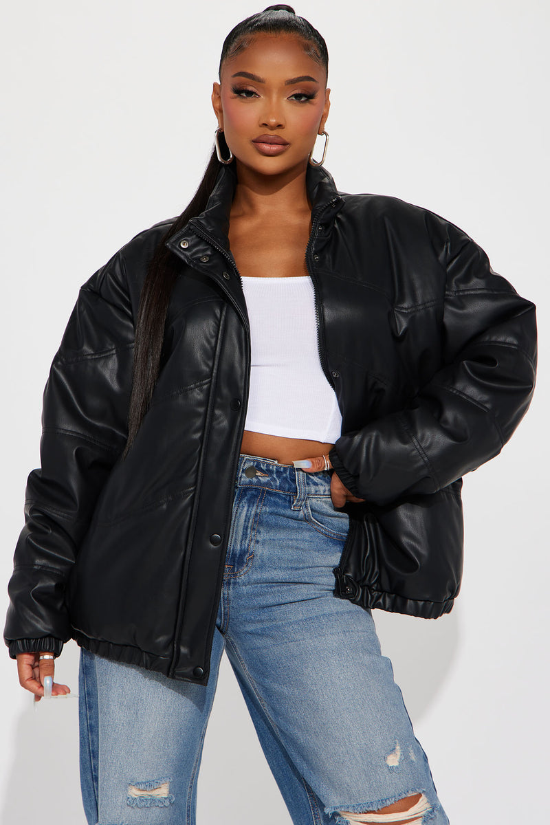Can't Be Bothered Faux Leather Puffer Jacket - Black | Fashion Nova ...