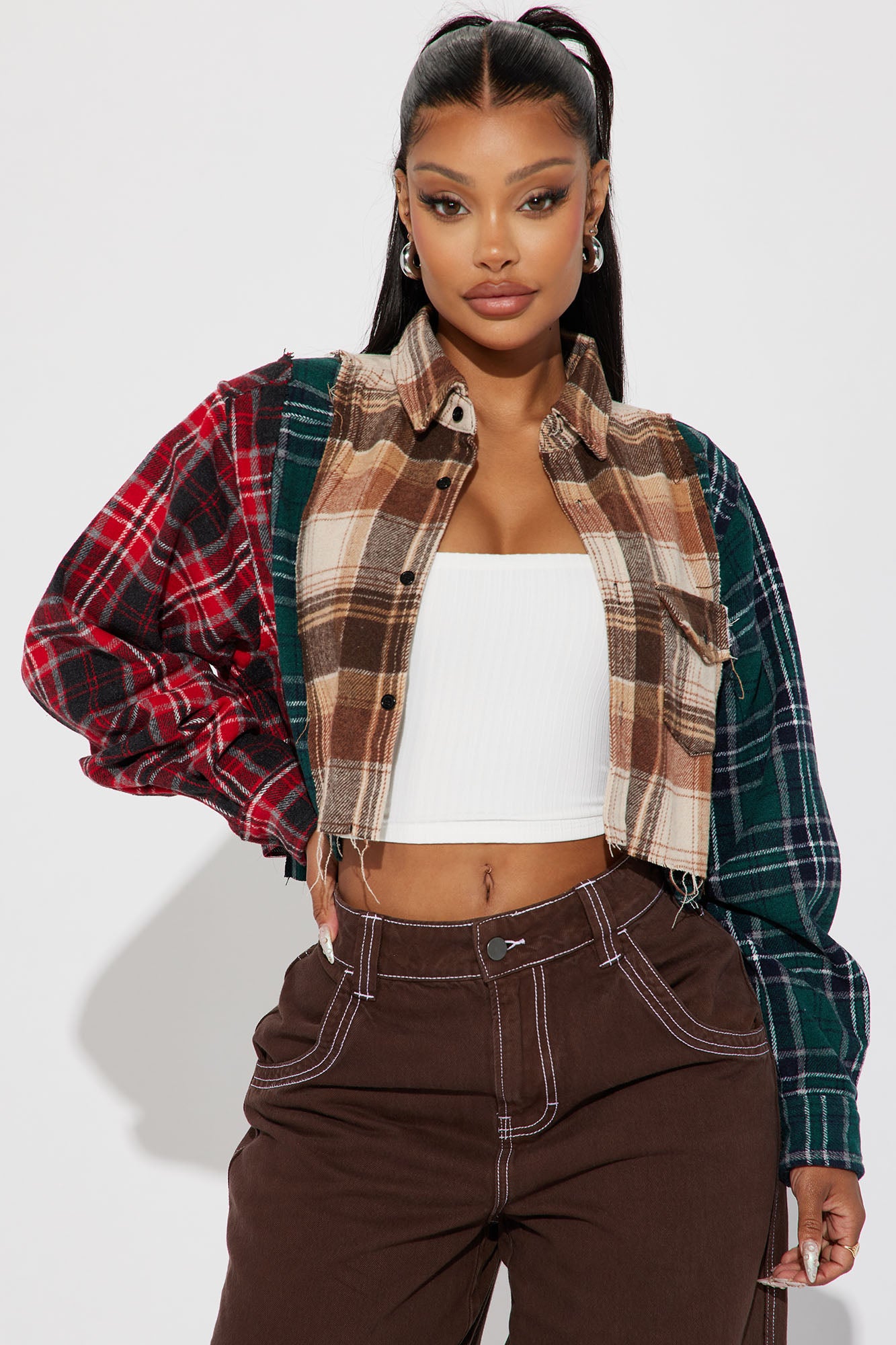 Fall Feeling Cropped Plaid Shirt - Brown Combo