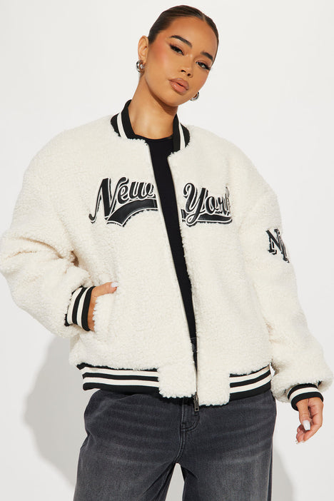 I Love New York Sherpa Bomber Jacket Cream combo