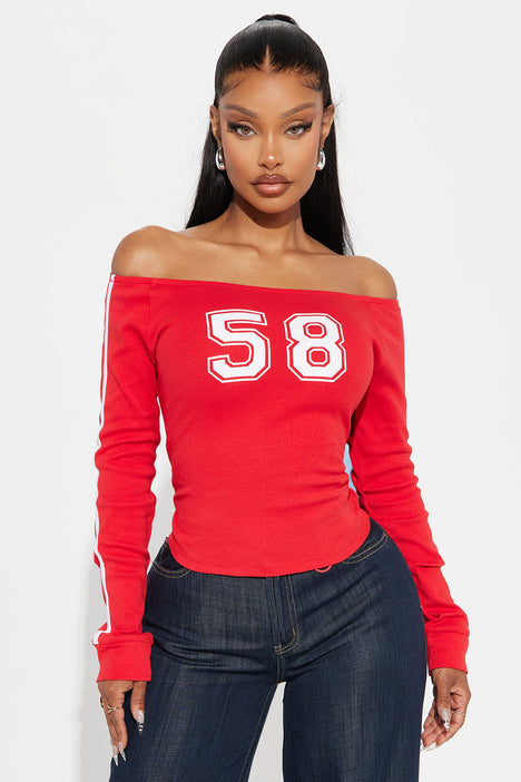 Athletic Off Shoulder Graphic Top Red Fashion Nova Screens Tops and Bottoms Fashion Nova