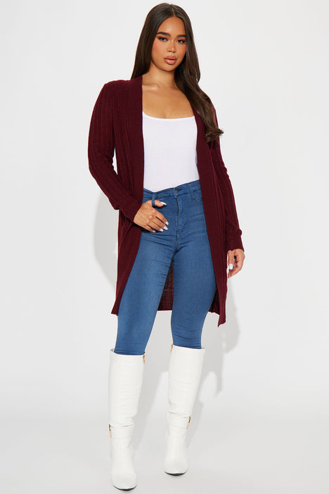 Throw It On Ribbed Cardigan Burgundy