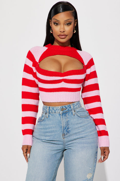 Zahara Striped Sweater Top Pink combo Fashion Nova Sweaters