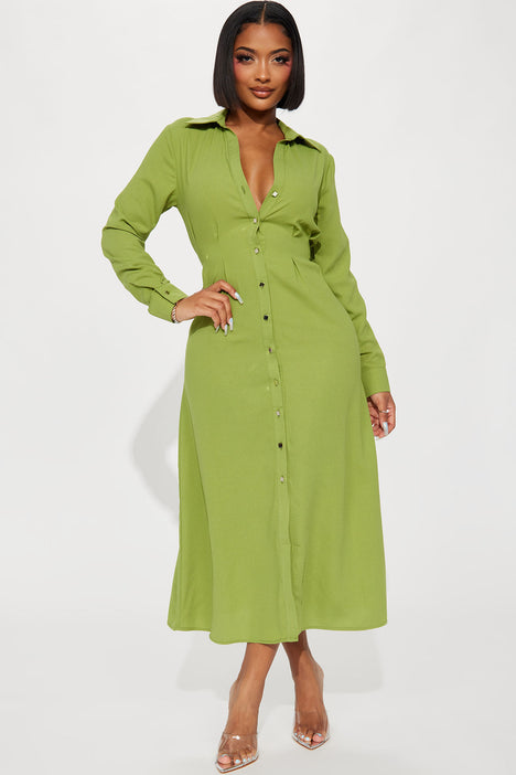 Ophelia Button Down Midi Shirt Dress Green