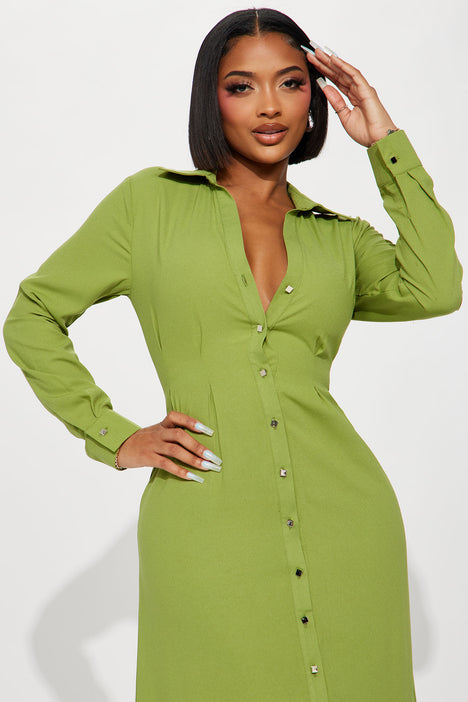 Ophelia Button Down Midi Shirt Dress Green