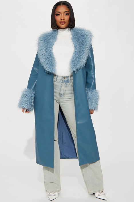 Lavish Living Faux Leather Trench Coat Slate Blue
