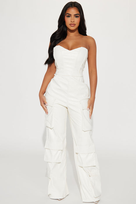White faux leather hotsell jumpsuit