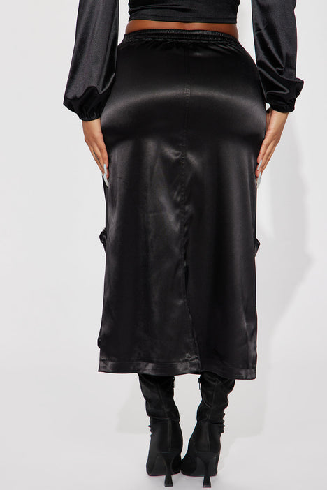 Bailey Satin Cargo Midi Skirt Black Fashion Nova Skirts