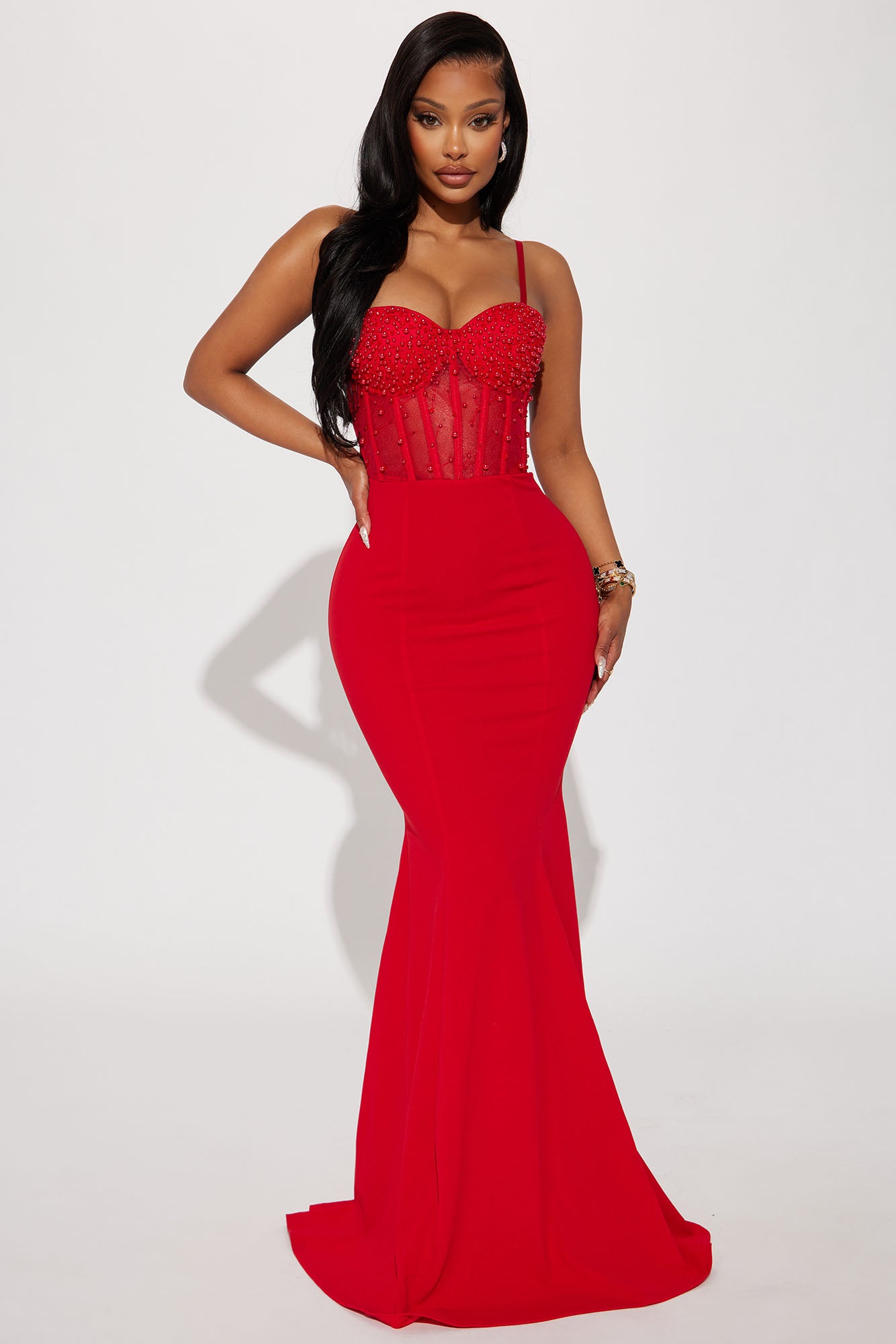 Embellished Net Layered Gown in Red : UNH45
