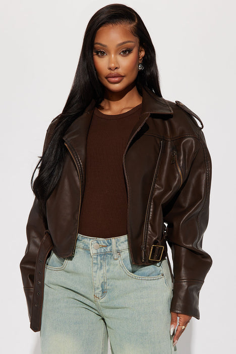 Check The Deets Faux Leather Moto Jacket Brown