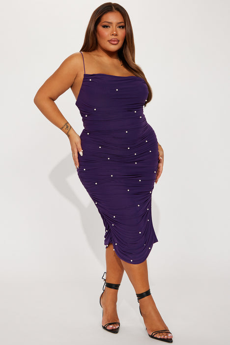 Catherine Pearl Embellished Mesh Midi Dress Violet