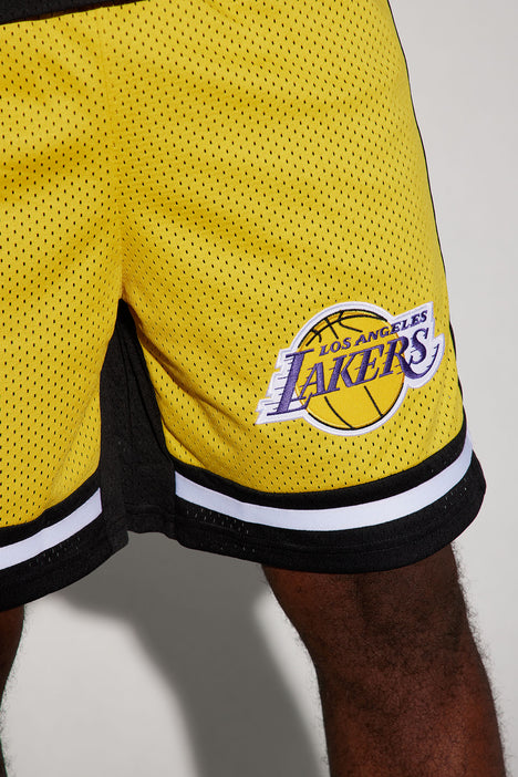 NW Lakers Big Embroidered Basketball Pants Retro Mesh Shorts Mens  Basketball Shorts (Yellow, XXL)