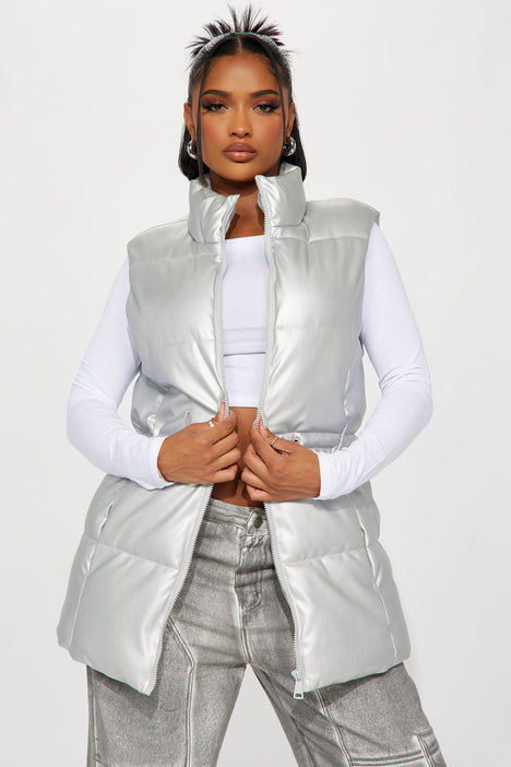 Silver puffy vest clearance
