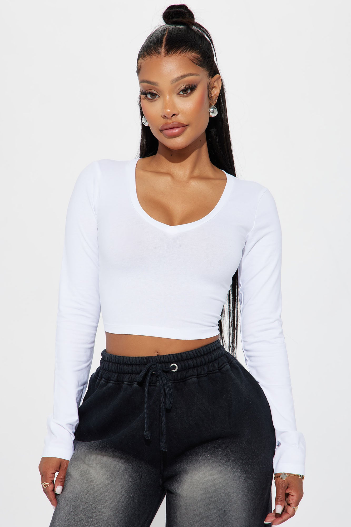 White v neck long sleeve top cheap