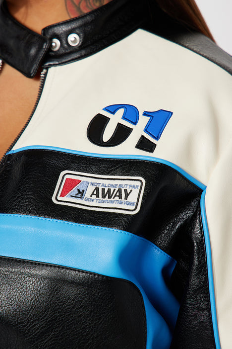 Around The Track Faux Leather Jacket - Blue/combo