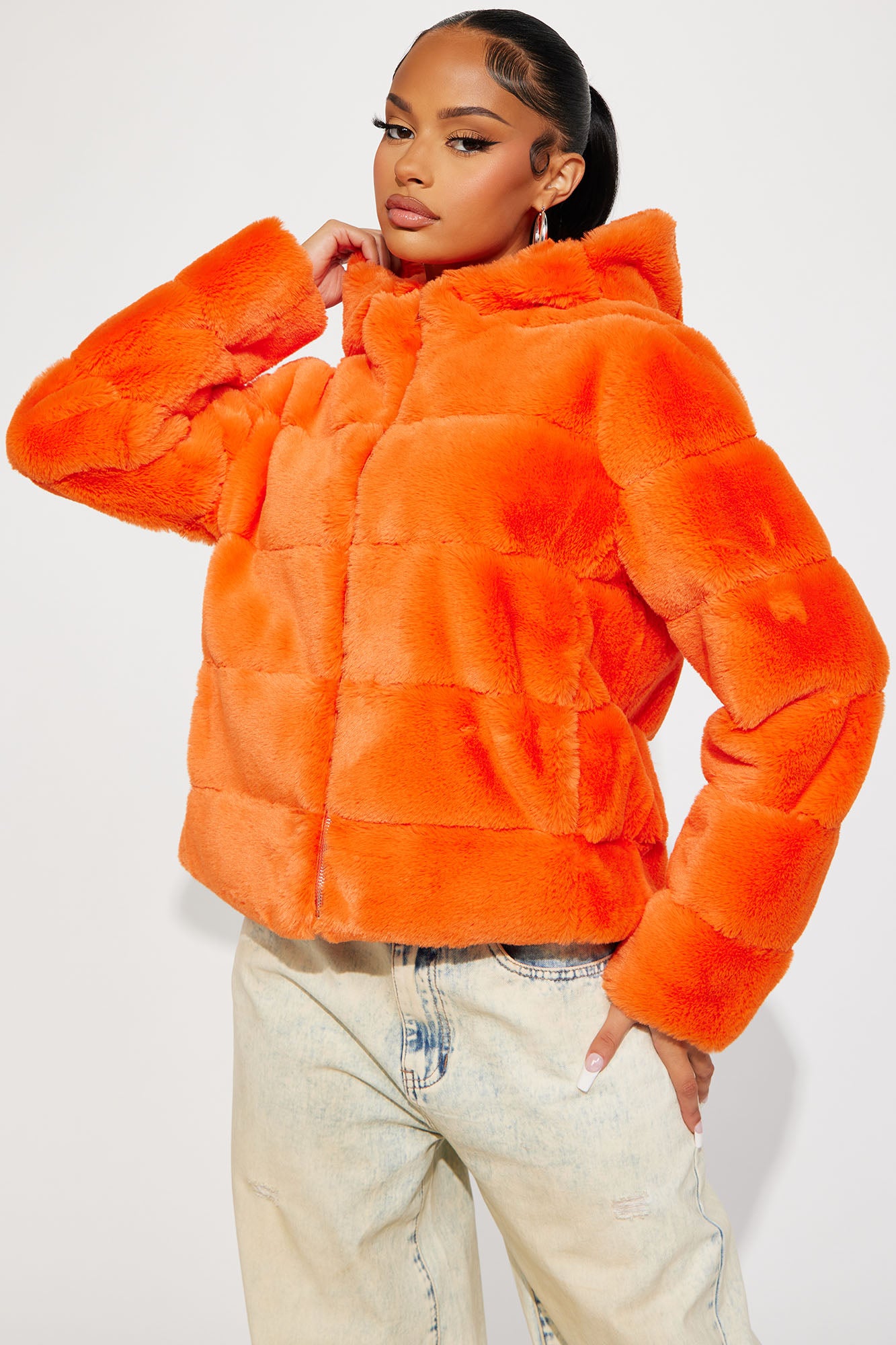 Orange coat with fur outlet hood