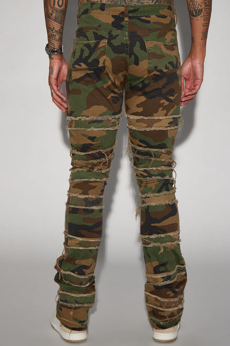 Cant See Me Fray Stacked Skinny Flare Pants Camouflage Fashion