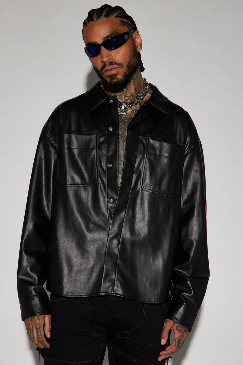 Covert Faux Leather Button Up Shirt - Black | Fashion Nova, Mens Shirts ...