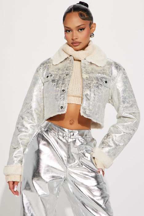 Silver shearling jacket store