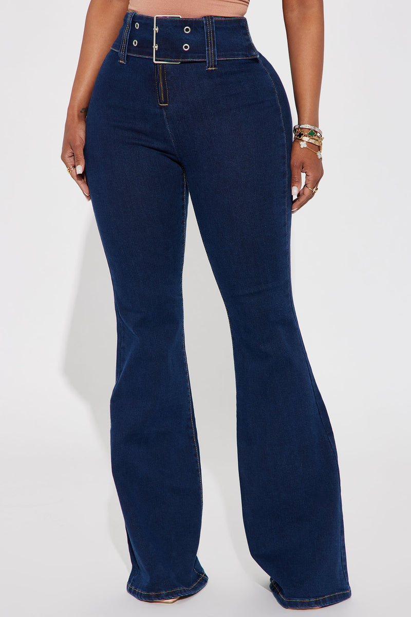 Worthwhile Belted Stretch Flare Jeans - Dark Wash | Fashion Nova, Jeans ...